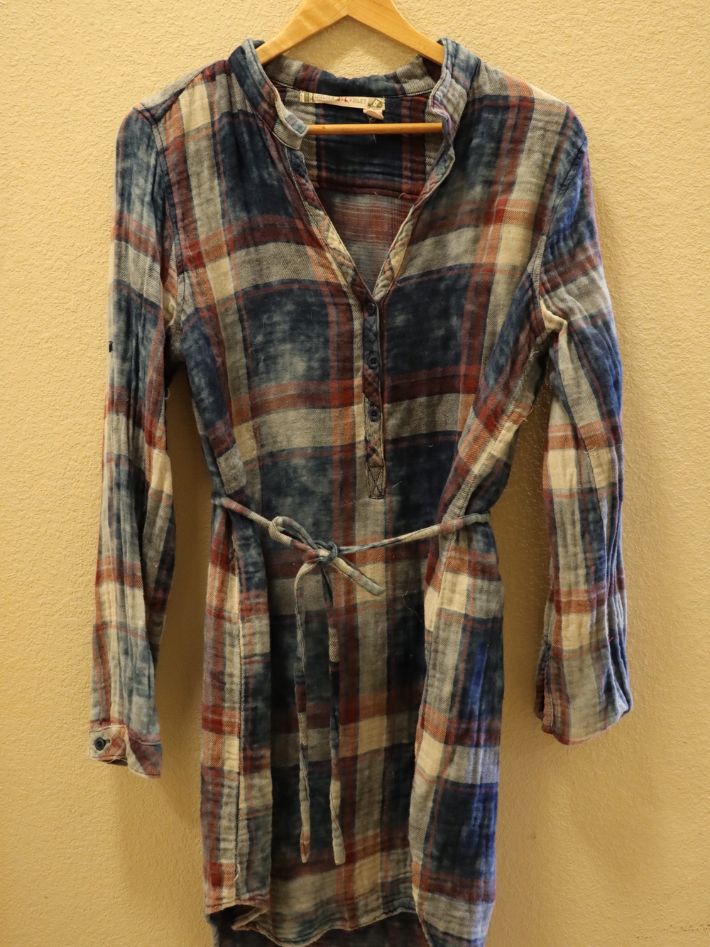 Chelsea & Violet Plaid Long Sleeve Belted Shirt Dress in Blue, Red, Cream